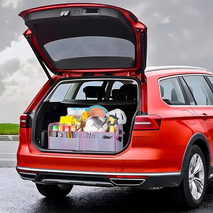 titiyiof Trunk Organizer For Suv&Sedan,Car Organizers & Storage, Waterproof Collapsible & Adjustable Straps,70L Sturdy Car Organization for Car Accessories,Tools,Sundries,2-3Compartment(Colorful Pink)