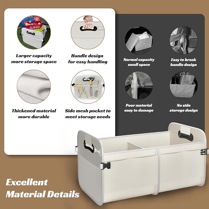 Sposuit Trunk Organizer for Car - 70L Collapsible Trunk Storage with 11 Pockets & Reinforced Handles, SUV Trunk Organizers for Grocery Cargo(White)