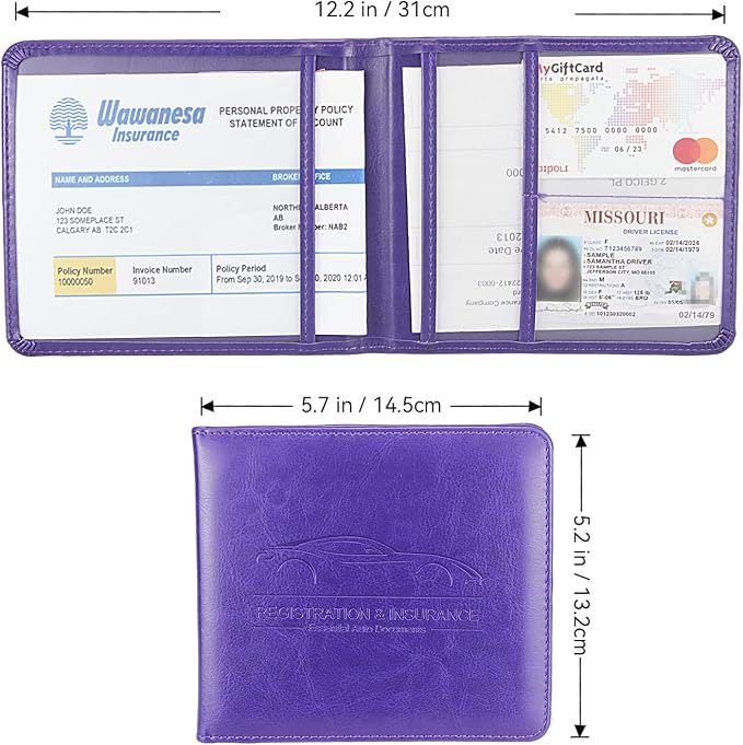 Car Registration and Insurance Holder, Premium Pu Leather Vehicle Glove Box Organizer - for Driver License, Cards & Essential Documents (S-Purple)