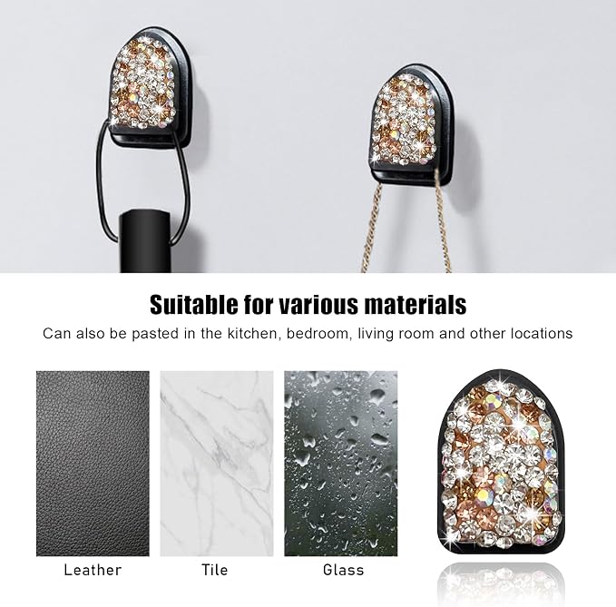 Yourkar 4PCS Bling Car Mini Hooks, Multifunctional Adhesive Small Auto Storage Hook for Key Cable Mask, Crystal Rhinestone Dashboard Hanging Hook, Interior Decor Car Accessories (Champagne)