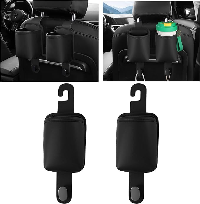 2-Pack Car Seat Back Cup Holder Organizer, Black | Faux Leather, With Hooks, Universal Backseat Storage, For Drinks, Bottles & Travel Accessories
