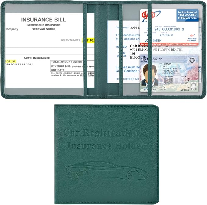 Cacturism Car Registration and Insurance Holder, Vehicle Glove Box Car Organizer Men Women Wallet Accessories Case for Cards, Essential Document, Driver License, Dark Green