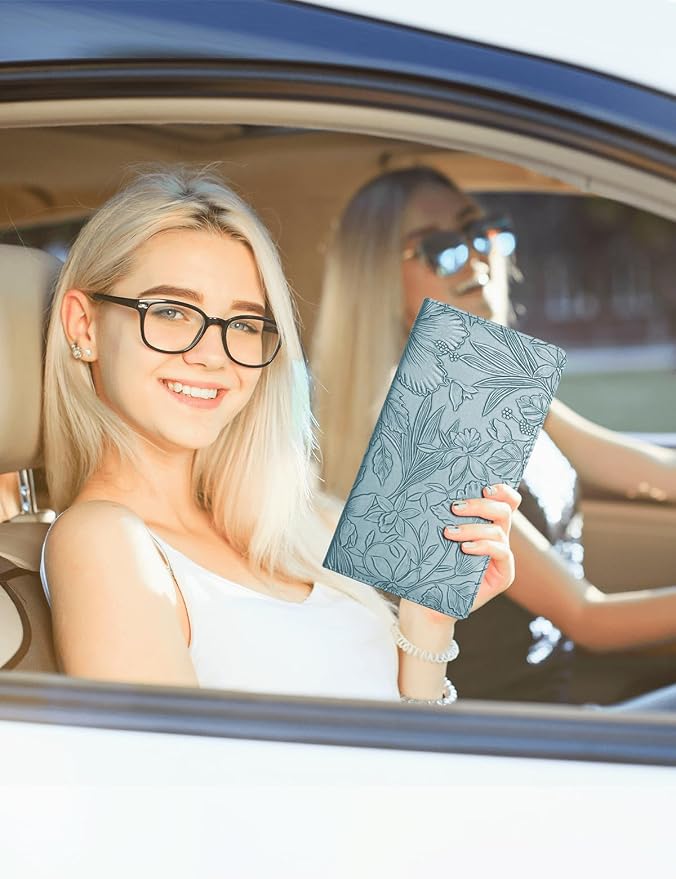 Mymazn Car Registration and Insurance Holder, PU Leather Glove Box Car Organizer with Magnetic Closure, Car Document Holder for Driver's License & Essential Documents (Floral Blue)