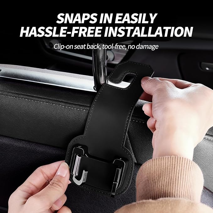 2 Packs Headrest Hooks for Car, Hidden Twinhook Leather & Metal Car Purse Holders, Universal for BMW X5 X3 X1 X7 Accessories, Seat Back Storage Organizer Hanger for Purse Bag Phones(Black)