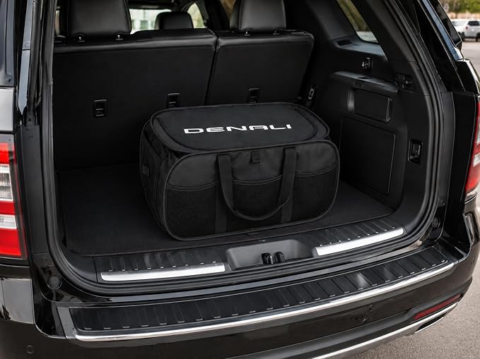 SR1 Performance USA GMC Denali Cargo Organizer – Expandable Pop Up Collapsible Trunk Storage Caddy for GMC Trucks & SUVs – Black with Denali Logo