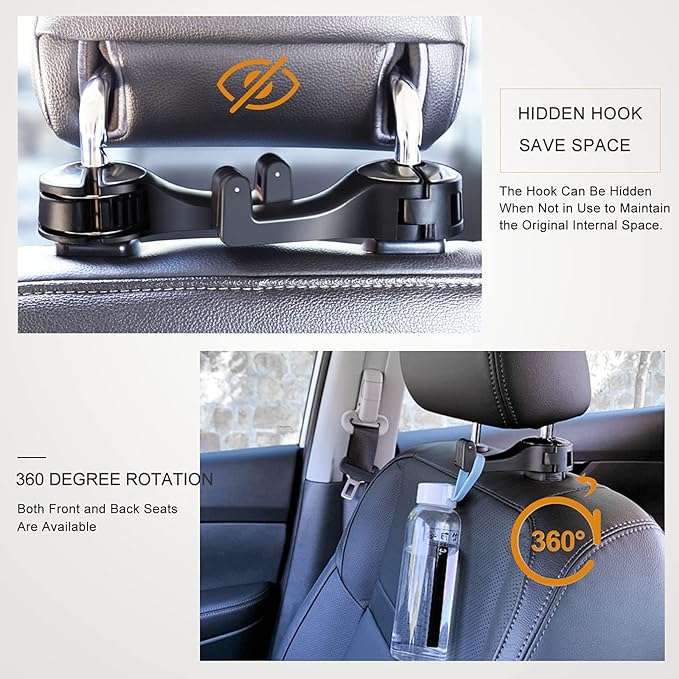Car Headrest Hook with Phone Holder, Universal 360 Rotation Headrest Hooks for Purses and Bags (Silver)