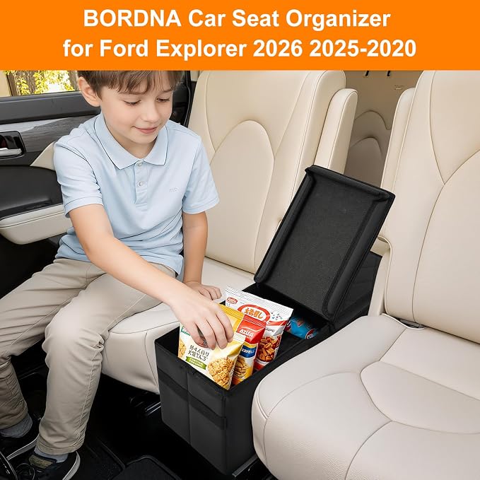 Car Seat Organizer for Ford Explorer 2026 2025 2024-2020 w/Built-In Cooler Bag, Car Second Console Organizer w/Non-Slip Strips, Car Backseat Organize for Dog Toys Kids Snacks Travel Storage Box