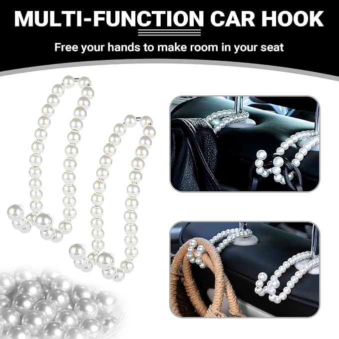 2 PCS Car Seat Headrest Hooks, Cute Pearl Car Purse Hook, Stainless Steel Auto Seat Backrest Storage Hook, Universal Automotive Interior Organizer Accessories for Women Girls (White)