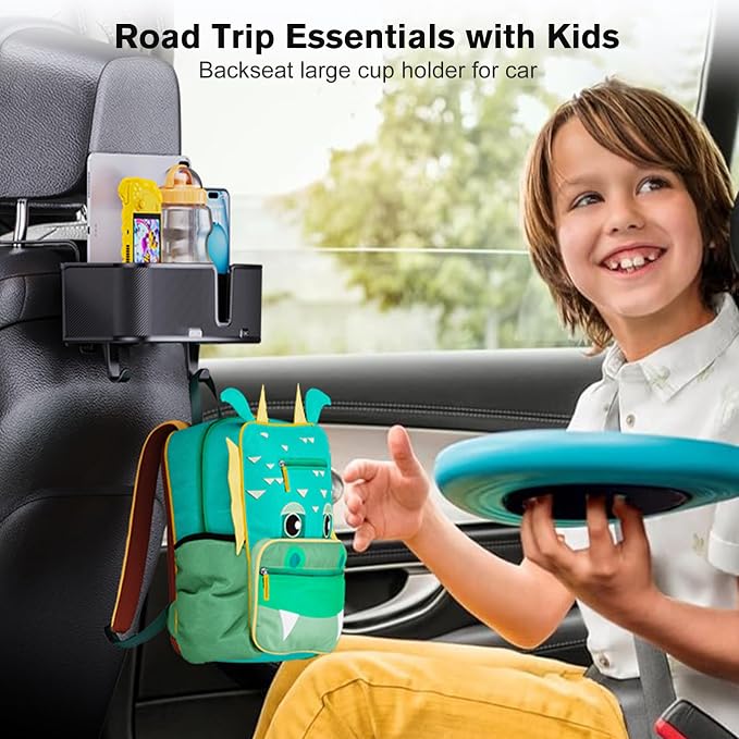 MAGJIEYX Car Headrest Cup Holder for Back Seat Organizer for Multi-Hanging Snack Storage Box with Strong Hooks for Kids and Backseat Passengers Share Rid for Travel Accessories（2-Pack）