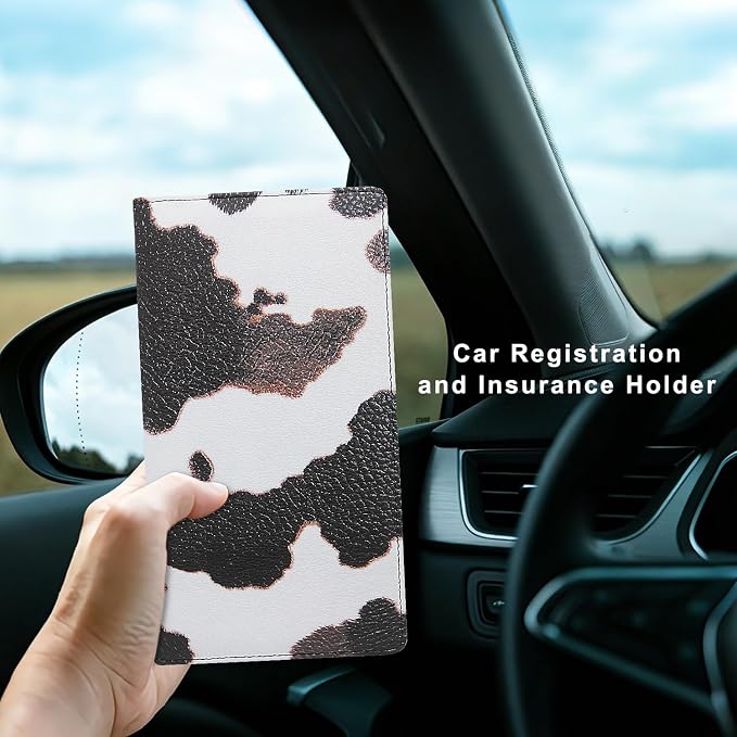 Car Registration and Insurance Holder, Premium Pu Leather Vehicle Glove Box Organizer - for Driver License, Cards & Essential Documents (L-Cow)