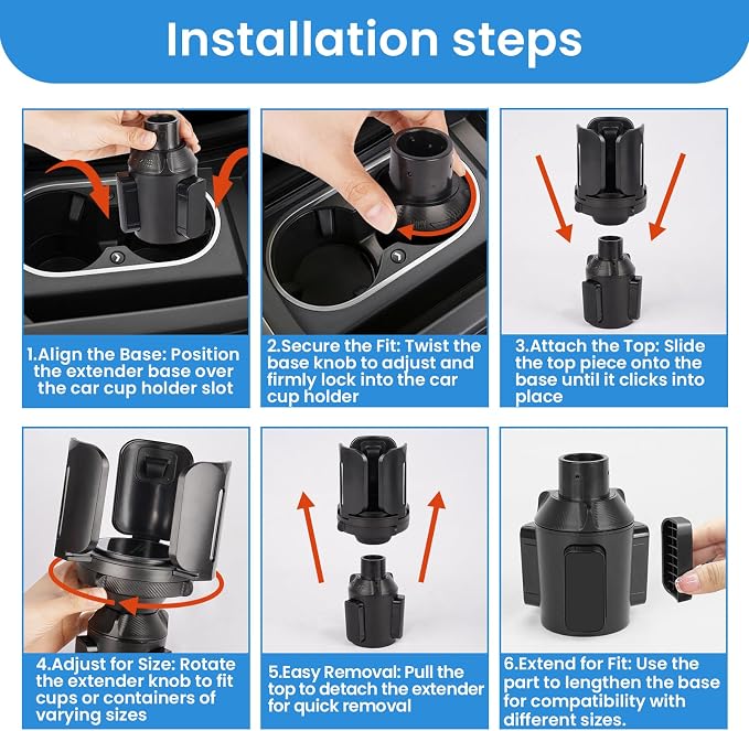Cup Holder Expander for Car with Adjustable Holder & Base, Compatible with 10-64oz Yeti Ramblers, Hydro Flask, Nalgene, Stanley, Hold 2.9"-5.5" Large Bottles Mugs Food Drink, Car Cup Holder (2 pcs)