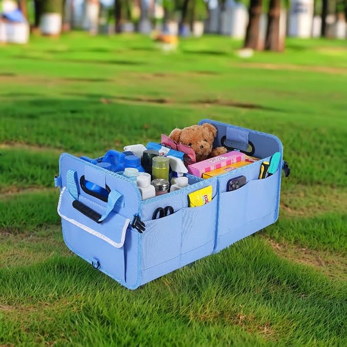 Car Suv Trunk Organizer,Sturdy Storage Organizer for Car Accessories,Tools,Sundries.Upgraded 4 Carrying Handles,72L,Foldable,Waterproof,Multi Compartment,2 Straps for Fixation(Blue)