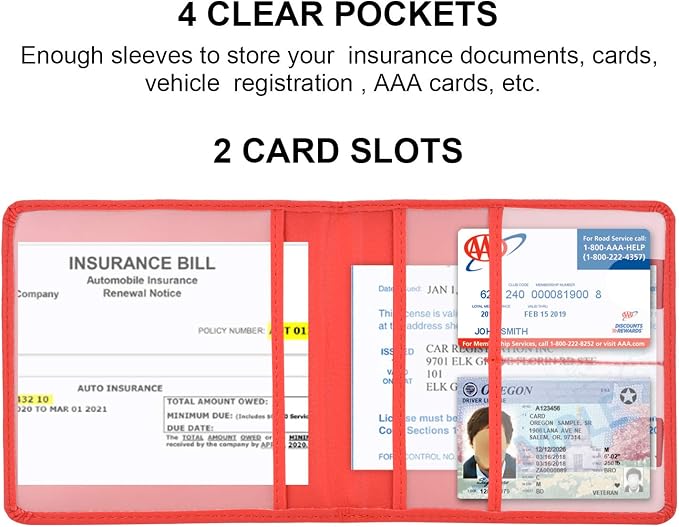 Cacturism Car Registration and Insurance Holder, Vehicle Glove Box Car Organizer Men Women Wallet Accessories Case for Cards, Essential Document, Driver License, Red