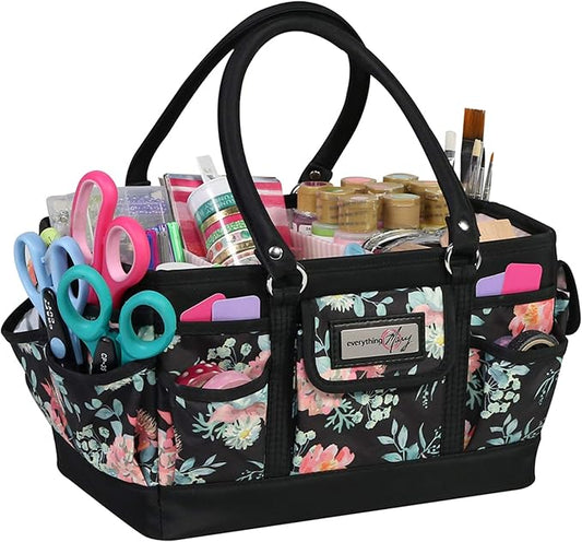 Everything Mary Deluxe Store & Tote Organizer – Black & Floral Craft Bag with Handle – Sewing, Scrapbooking & Art Supply Caddy – Stylish Storage for DIY Projects