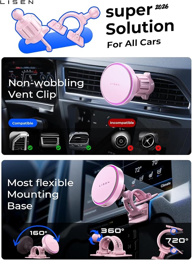 LISEN 15W MagSafe Car Mount Charger,[Light Pink] Magnetic Wireless Car Charger, Dashboard & Air Vent Car Phone Mounts, Magnetic Phone Holder for Car Mount for iPhone 17/16/15/14/13/12, Samsung Pixel | [Light Pink & Purple LED light] Magsafe Car Mount C...