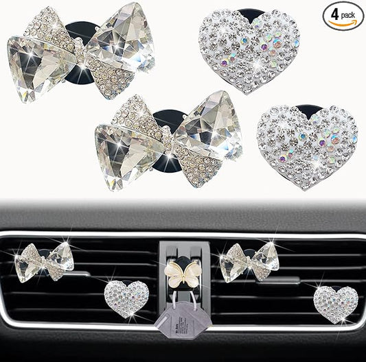 Bling Heart & Bow Diamond Heart Car Air Fresheners & Diffuser, 4 Pcs - Fun Car Vent Clips With Cute Butterfly Mask Hook