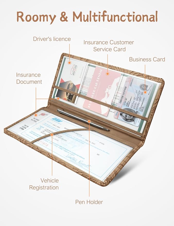 Mymazn Car Registration and Insurance Holder, PU Leather Glove Box Car Organizer with Magnetic Closure, Car Document Holder for Driver's License & Essential Documents (Floral Khaki)