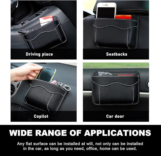 povtii 2 PCS Car Seat Side Pocket Organizer, PU Leather Cell Phone Sunglasses Storage Pocket, Mini Seat Gap Filler Pouch for Auto Seat Door Window Console, Interior Car Accessories (Black)