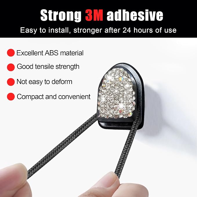 Yourkar 4PCS Bling Car Mini Hooks, Multifunctional Adhesive Small Auto Storage Hook for Key Cable Mask, Crystal Rhinestone Dashboard Hanging Hook, Interior Decor Car Accessories (White)