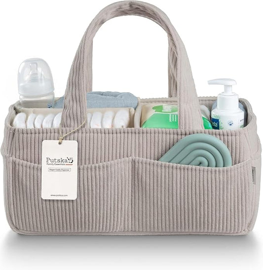 PUTSKA Baby Diaper Caddy Organizer for Changing Table – Stylish Nursery Storage Basket, Newborn Essentials, Baby Shower Gifts and Registry Must-Haves for Boy or Girl, Car Diaper Caddy, Corduroy Grey
