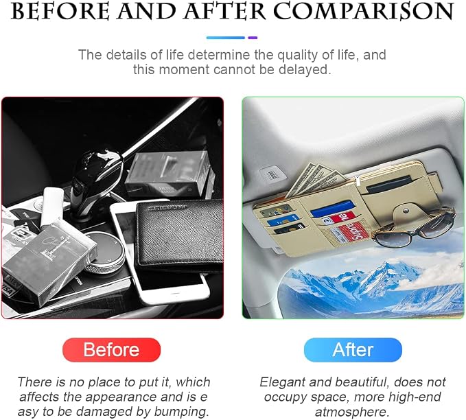 Car Sun Visor Organizer, Leather Storage Pocket Sun Visor Pouch with Zipper for Cards License Registration Pen Glasses Document, Fits Most Car SUV, Auto Interior Accessories for Men Women (Beige)