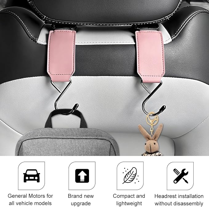 HZEL Car Seat Headrest Hook, 2PCS Multifunctional Vehicle Seat Back Hanger Holder for Purse Bags Coat, Automotive Interior Organizer Storage Hook, Universal for Automobile RV Truck (Pink)