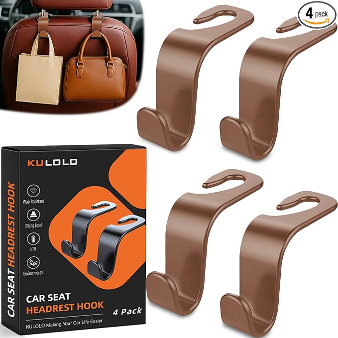 Car Seat Hooks & Purse Holder - 4 Pack Boxed,55 lb Heavy Duty,Eco PP Car Hooks for Purse/Bag/Baby Gear/Gym Bag/Groceries/Cup/,Fits 0.32-0.55”Car Headrest Rods (Brown)