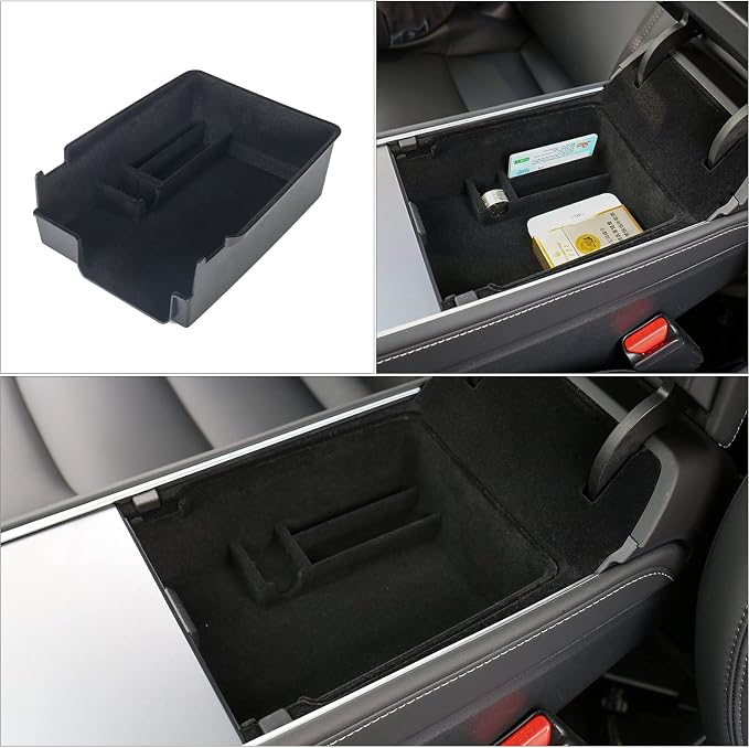 3PC Center Console Organizer Tray for 2021-2022 2023 Tesla Model 3 and 2021-2024 Model Y Flocked Armrest Drawer Storage Box Interior Accessories