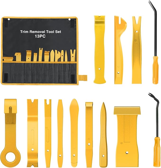 GOOACC 13PCS Nylon Trim Removal Tool Set for Bumper Fastener Rivet Clips Car Door Clip Panel Audio Video Dashboard Dismantle Yellow