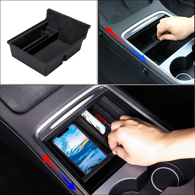 4 PCS Center Console Organizer and Cup Holder Insert Compatible With 2021-2023 Tesla Model 3，2021-2024 Model Y, Flocked/Silica Rubber Armrest Hidden Cubby Drawer Storage Box Accessories