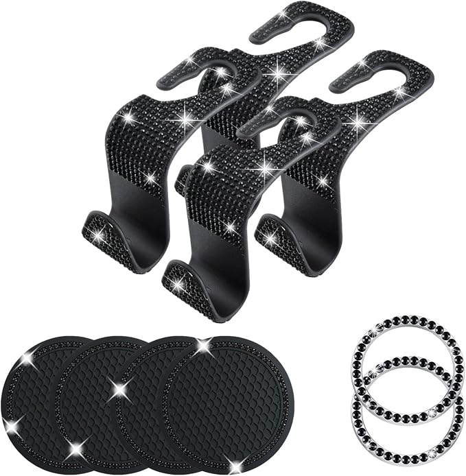 10 Pcs Bling Car Interior Accessories，Universal Car Seat Headrest Hook，Bling Car Start Button Ring Covers，Bling Car Coasters, Bling Cup Holder Insert Coasters