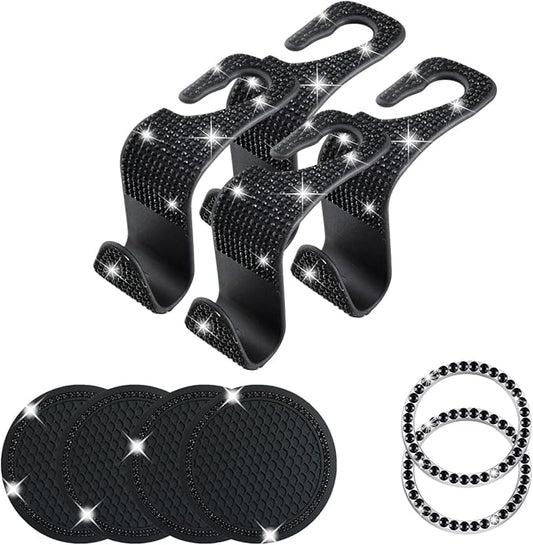 10 Pcs Bling Car Interior Accessories，Universal Car Seat Headrest Hook，Bling Car Start Button Ring Covers，Bling Car Coasters, Bling Cup Holder Insert Coasters