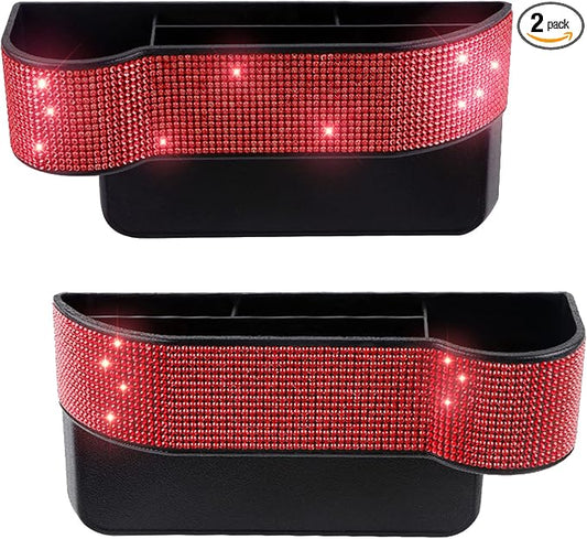 Bling Bling Car Seat Organizer Front Seat Gap Filler with Crystal Rhinestones Diamond, PU Leather Car Seat Console Storage Organizer for Car Accessories (2 Pack Red)