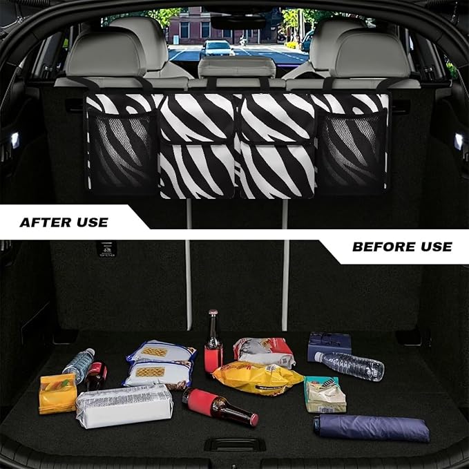Zebra Print Car Trunk Organizer Hanging Car Backseat Storage Bag Waterproof Collapsible Cargo Bag with 4 Pouches Trunk Storage and Decorative Accessories