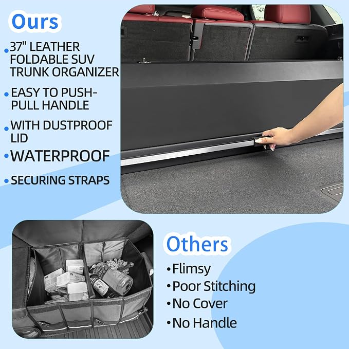 Trunk Organizer for SUV, Leather Car Organizers and Storage with lid & Sturdy Handle, Waterproof Hard Car Trunk Storage Box for Sedan, Travel, Grocery, Daily (Black, 37''*11.41''*12.5'')