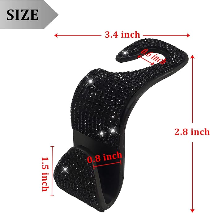 Dermasy® 2 Pack Car Hooks, 2021 New Bling Rhinestones Crystal Hooks Car Decorations Auto Seat Back Organizers Strong and Durable Backseat Hanger Storage Universal for SUV Truck Vehicle (Black)