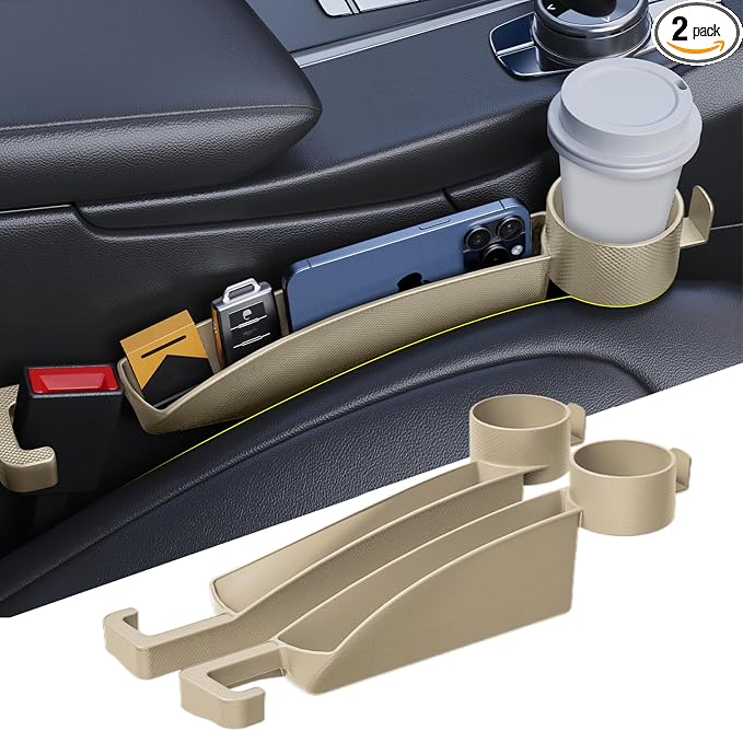 Car Seat Gap Filler Set of 2, Upgraded Car Side Seat Gap Fillers with Organizer, Cup Holder & Hook Function, Inserts Between Front Seats Console Catcher 4in1 Gap Stopper Fill Plug Storage Box (Beige)