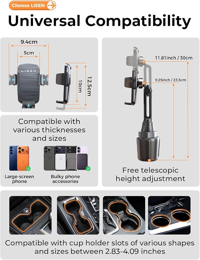 LISEN Upgraded Version Cup Holder Phone Holder 360° Adjustable Long Neck Car Phone Mount Golf Cart Phone Holder, Truck Jeep Accessories for iPhone 17 Air Pro Samsung Google and All 4-7'' Phone