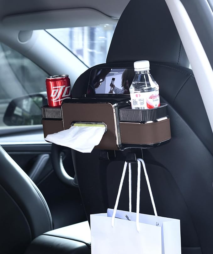 Multifunctional Car Headrest Backseat Organizer Box with Drink Cup Holder, Makeup Mirror, Tissue Box & Hooks for Car Seat Back, Upgrade Car Headrest Backseat Organizer Great for Kids and Travel(Brown)