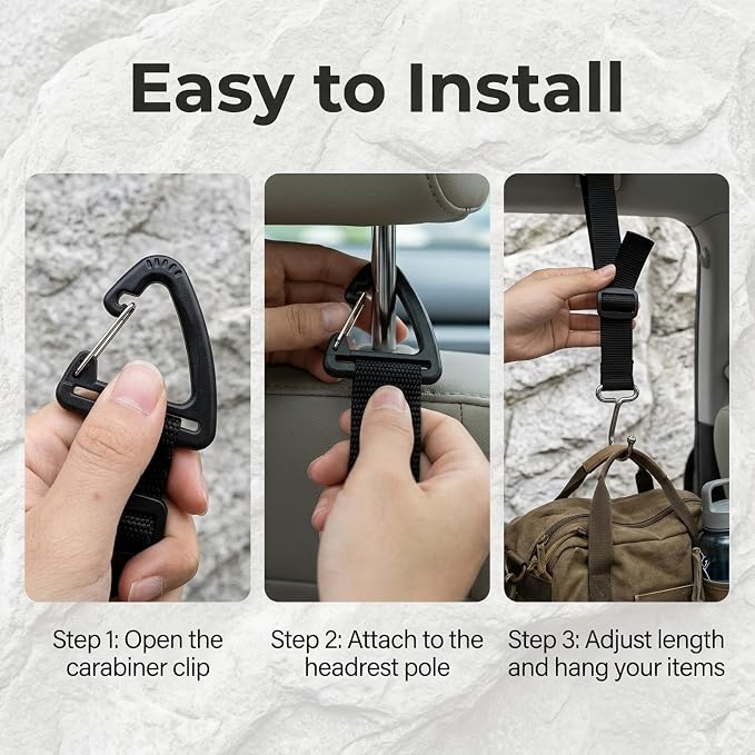 Car Headrest Hooks 2 Pack, Heavy Duty Metal Purse Holder for Car, Adjustable Seat Back Organizer for Handbags, Grocery Bags & Accessories, Universal Fit Front & Rear Seats