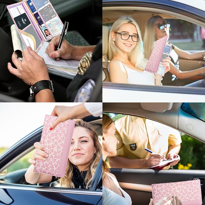 Car Registration and Insurance Holder with Magnetic Closure, Universal Document Organizer for License, Insurance Cards & Glove Box Storage (Heart-Pink)