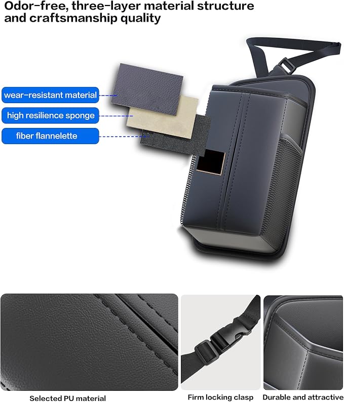 Car Tissue Holder for Front Seat, Headrest Organizer with 2 Side Mesh Pockets for Phones & Cards, L-Square Tissue Box Cover Holds 150 Tissues, Durable PU Leather