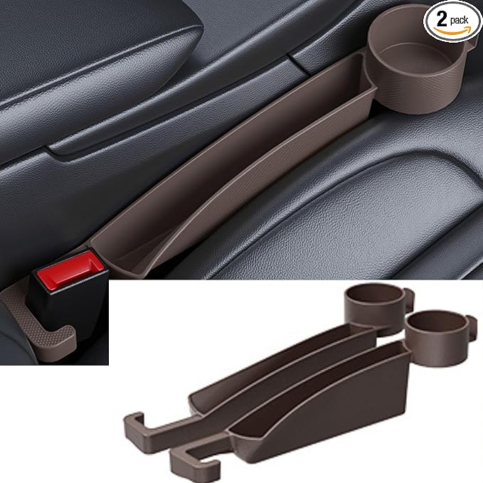 Car Seat Gap Filler Organizer 2 Pack, 4-in-1 Universal Car Seat Gap Plug with Cup Holder & Storage Hook, Front Seat Console Gap Stopper Prevents Dropping, Fits Most Cars SUVs Trucks (Brown)