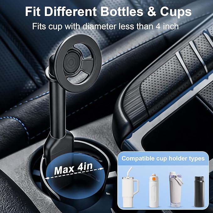 LenTok Magnetic Cup Holder Phone Mount for Car, 2 in 1 One-Hand Operation Adjustable Vehicle Cupholder Expander Phone Holder, Compatible with iPhone Android Smartphones