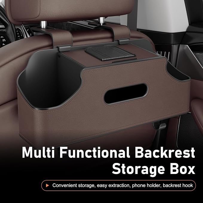 Car Back Seat Organizer, Leather Snap-on Seatback Storage Pocket, Multi-functional Storage Box for Phone Holder Tissues Cup Bracket Hanging Bag, Universal for Most Vehicles (Brown)