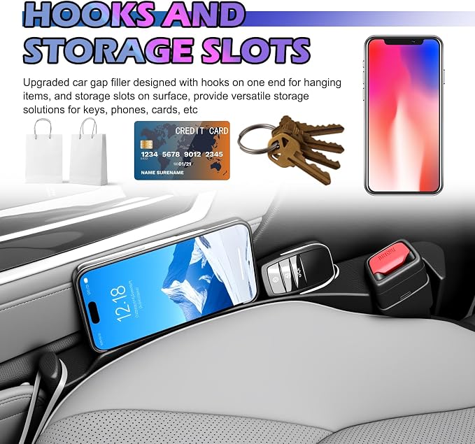 2PCS 3-in-1 Car Seat Gap Filler Organizer with Hooks & Storage Slots,Car Gap Seat Filler Console Catcher for Gaps Filling & Item Storage,Universal in Between Cars Seats Catcher
