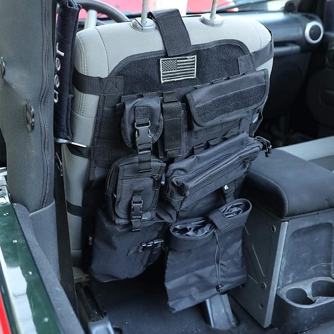 SUNPIE Black Upgrade Larger Seat Protector Tactical Seat Cover Universal Fit for Trucks Pickup SUV, Compatible with JL/JT, JK, TJ, Compatible with F150 Multi Pockets Molle Seat Back Organizer