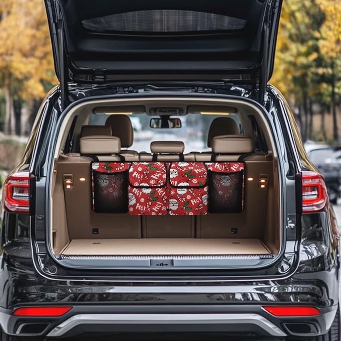 Hanging Car Trunk Organizer Red Christmas Collapsible Car Back Seat Storage Bag Auto Cargo Bags with 4 Large Pockets Universal Automotive Interior Accessories