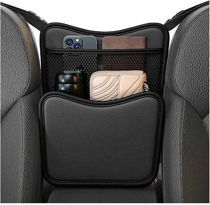 Car Organizer Storage Between Seats, Leather Car Console Hanging Storage Organizer with Mesh Pocket Tissue Box, Multi-Functional Large Capacity Headrest Holder Bag for Purse Snack (Black)