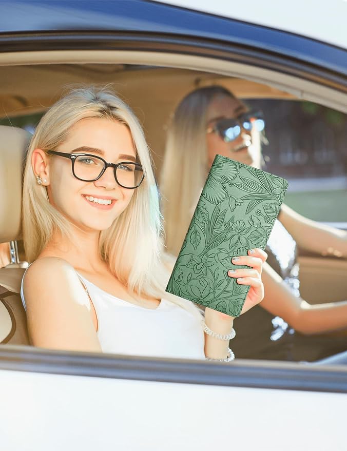 Mymazn Car Registration and Insurance Holder, PU Leather Glove Box Car Organizer with Magnetic Closure, Car Document Holder for Driver's License & Essential Documents (Floral Green)